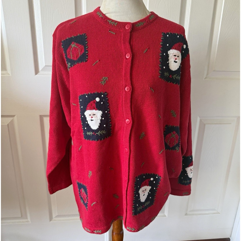 The Quaker Factory Womens 1X Red Santa Embroidered Button Front Cardigan Sweater